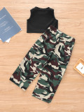 Kids Girls Sleeveless Vest And Camouflage Print 2 Piece Set GYMF-118