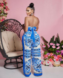 Plus Size Casual Print Tube Tops Tie Up Two Piece Pants Set FNN-8718