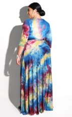 Plus Size Colorful Print Dye Long Sleeve Maxi Dress NK-9027