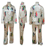 Loungewear Long Sleeve Simulation Silk Printing Two Piece Set YF-1045