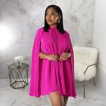 Solid Color Press Pleated Shawl Sleeve Mini Dress YF-10610