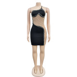 Solid Color Mesh Hot Drill Sling Mini Dress BY-6641