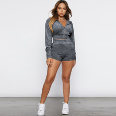 Long Sleeve Hooded Crop Tops And Shorts Tight 2 Piece Set YF-1100