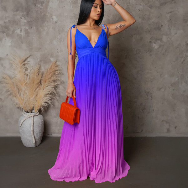 Plus Size Backless Sexy Strappy Gradient Maxi Dress GATE-D403