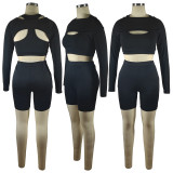 Casual Solid Color Long Sleeve Sport 3 Piece Shorts Set TE-4634