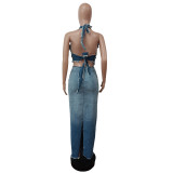 Halter Backless Gradient Color Denim Skirt Set MEM-88511