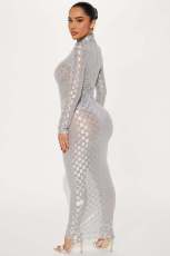 Fashion Mesh Plaid Long Sleeve Maxi Dress YD-8773