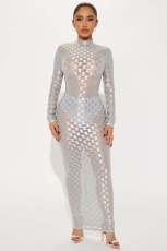 Fashion Mesh Plaid Long Sleeve Maxi Dress YD-8773
