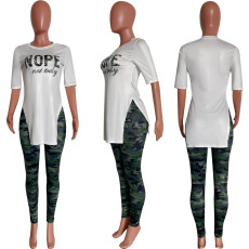 Fashion Letter Slit Tops And Camouflage Print 2 Piece Set HMS-5575