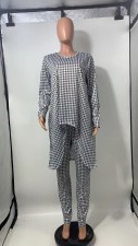 Plus Size Houndstooth Print Loose Long Sleeve 2 Piece Pants Set GDNY-2245