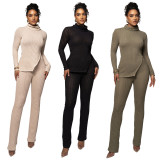 Solid Color Turtleneck Woolen Casual Pants Set NYF-8148