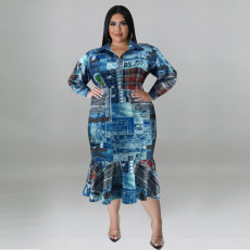 Plus Size Print Lapel Neck Midi Dress GDAM-218300