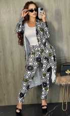 Casual Print Long Cardigan And Pants Two Piece Set CY-2900