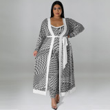 Plus Size Casual Print Long Sleeve Long Cardigan And Jumpsuit Two Piece Set GDAM-218290