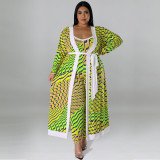 Plus Size Casual Print Long Sleeve Long Cardigan And Jumpsuit Two Piece Set GDAM-218290