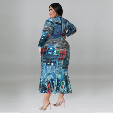 Plus Size Print Lapel Neck Midi Dress GDAM-218300