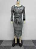 Plus Size Houdstooth Print Long Sleeve Bodycon Dress NY-10599