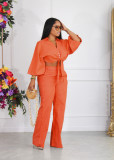 Solid Color Lapel Long Sleeve Shirt Two Piece Pants Set BLX-63007