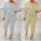Plus Size Soldi Color Casual Sweatshirt Two Piece Pants Set NY-10605