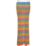 Stripe Print Contrast Color High Slit Long Skirt XEF-34353