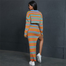 Stripe Print Contrast Color High Slit Long Skirt XEF-34353
