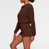Solid Color Hooded Long Sleeve Two Piece Shorts Set YD-8774