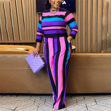 Plus Size Stripe Print Long Sleeve Pants Two Piece Set GDAM-218303