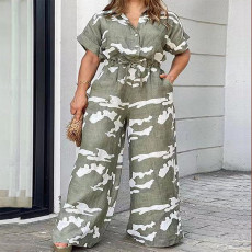 Plus Size Print Short Sleeve Wide Leg Loose Jumpsuit GDAM-218297