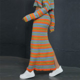 Stripe Print Contrast Color High Slit Long Skirt XEF-34353
