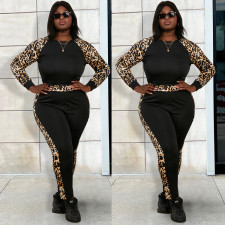 Leopard Print Patchwork Long Sleeve Two Piece Pants Set GDNY-2250