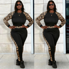Leopard Print Patchwork Long Sleeve Two Piece Pants Set GDNY-2250