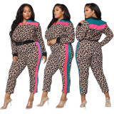 Leopard Print Color Block Zipper Two Piece Pants Set GDNY-2247