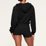 Solid Color Hooded Long Sleeve Two Piece Shorts Set YD-8774