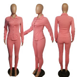 Plus Size Solid Color Long Sleeve Casual Two Piece Pants Set YIM-038