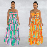 Sexy Stripe Print Wrap Chest Tops And Skirt Two Piece Set BY-6646