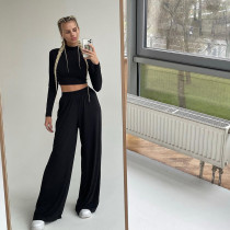 Solid Long Sleeve Crop Tops And Pants Two Piece Set FL-21290