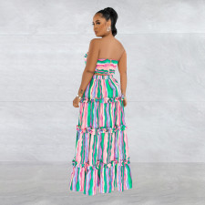 Sexy Stripe Print Wrap Chest Tops And Skirt Two Piece Set BY-6646