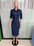Fashion Slim Single Breasted Half Sleeve Denim Midi Dress LX-3558