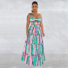 Sexy Stripe Print Wrap Chest Tops And Skirt Two Piece Set BY-6646
