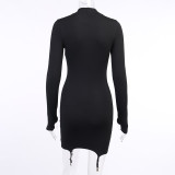 Solid Color Knits Long Sleeve Mini Dress(With Stockings) FL-23356