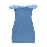 One-shoulder Furry Hem Denim Mini Dress FL-23099