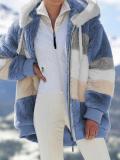 Plus Size Warm Plush Patchwork Zipper Hooded Loose Jacket GOFY-80160