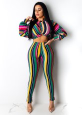 Stripe Print Crop Tops And Tight Pants Two Piece Set NK-9190