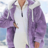 Plus Size Fashion Loose Plush Zipper Hooded Coat GOFY-9910