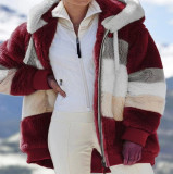 Plus Size Warm Plush Patchwork Zipper Hooded Loose Jacket GOFY-80160