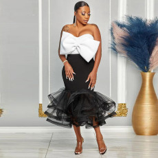 Plus Size Bow Tie Wrap Chest And Mesh Skirt 2 Piece Set NY-2825