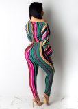Stripe Print Crop Tops And Tight Pants Two Piece Set NK-9190