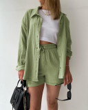 Long Sleeve Lapel Shirt Drawstring Shorts Two Piece Set GOFY-TZ2351