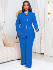 Plus Size Solid Color Blazer Neck Zipper Two Piece Pants Set BGN-314