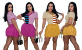 Color Block Short Sweater Sport Pleated Skirt Set LA-3339